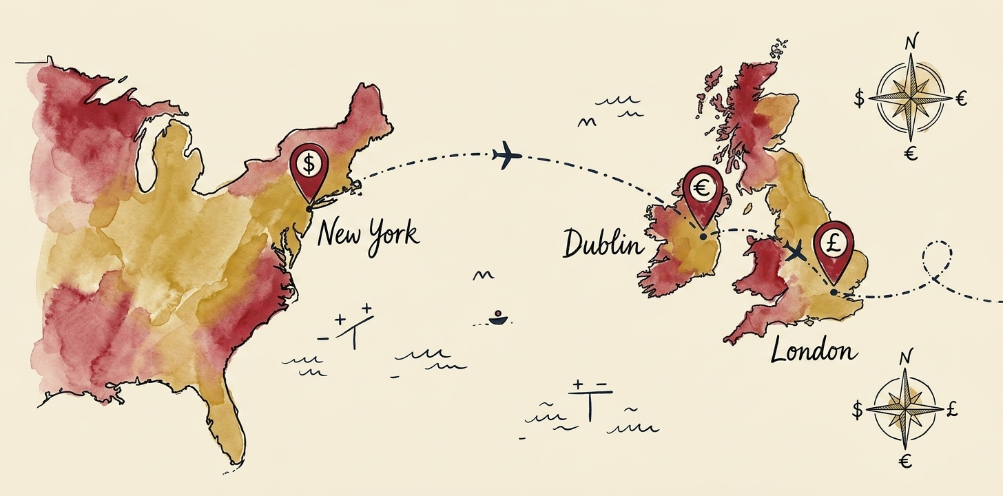 A hand-drawn map showing routes between New York, Dublin and London