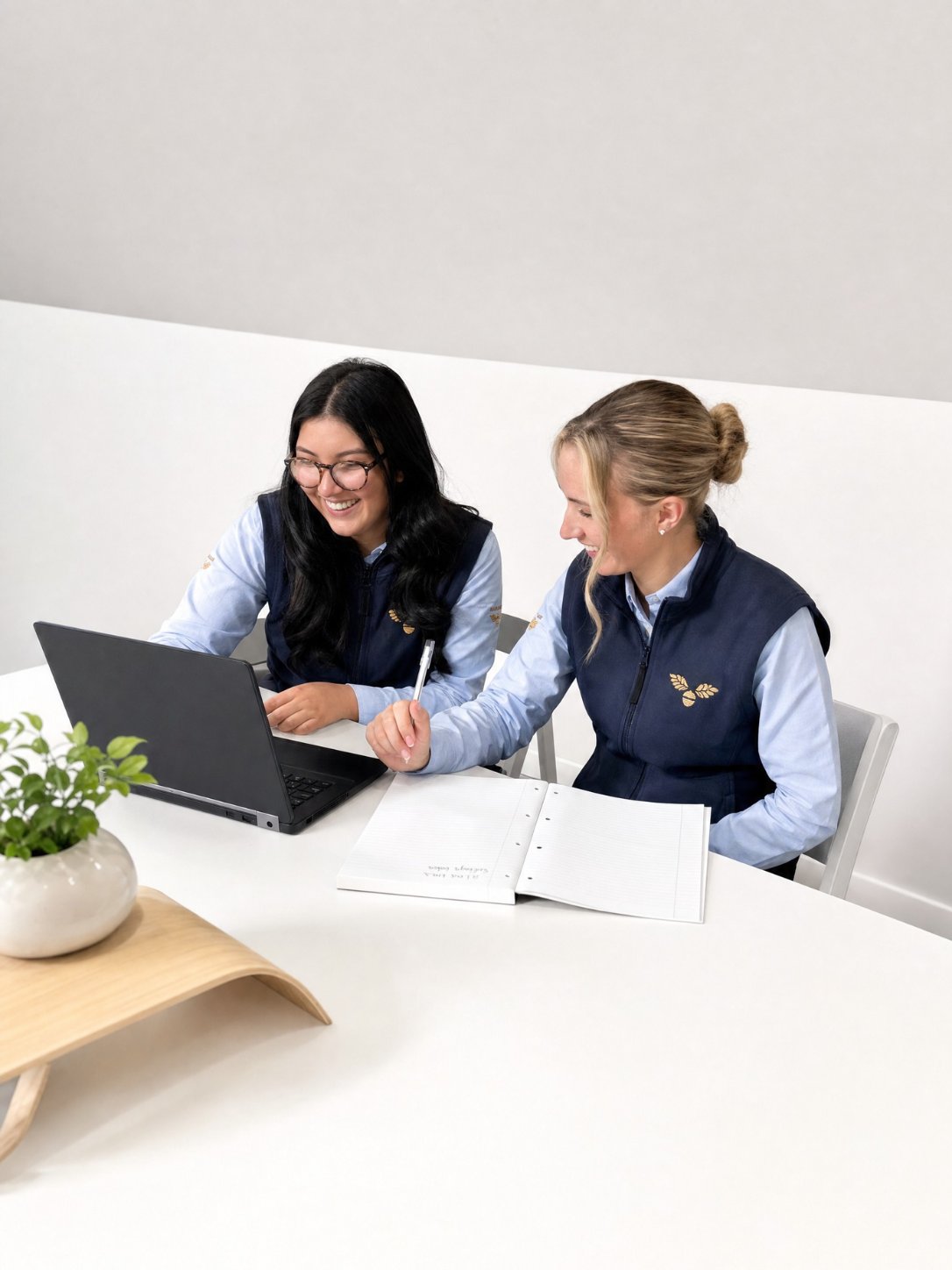 The DMJF team at work — Amy and Evelyn reviewing a client file